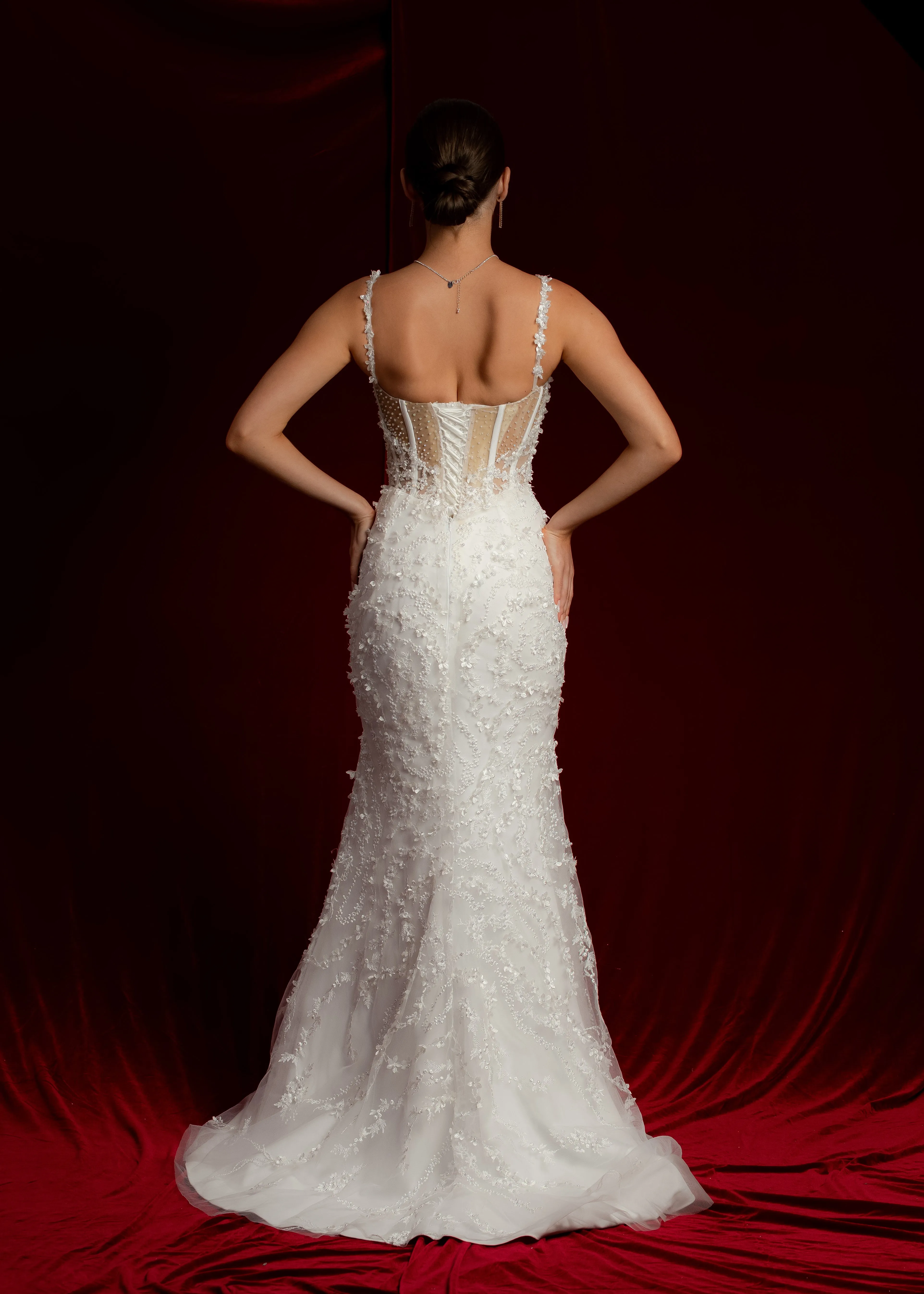 Scoop neck bustier cups sparkling white lace mermaid dress with nude sides