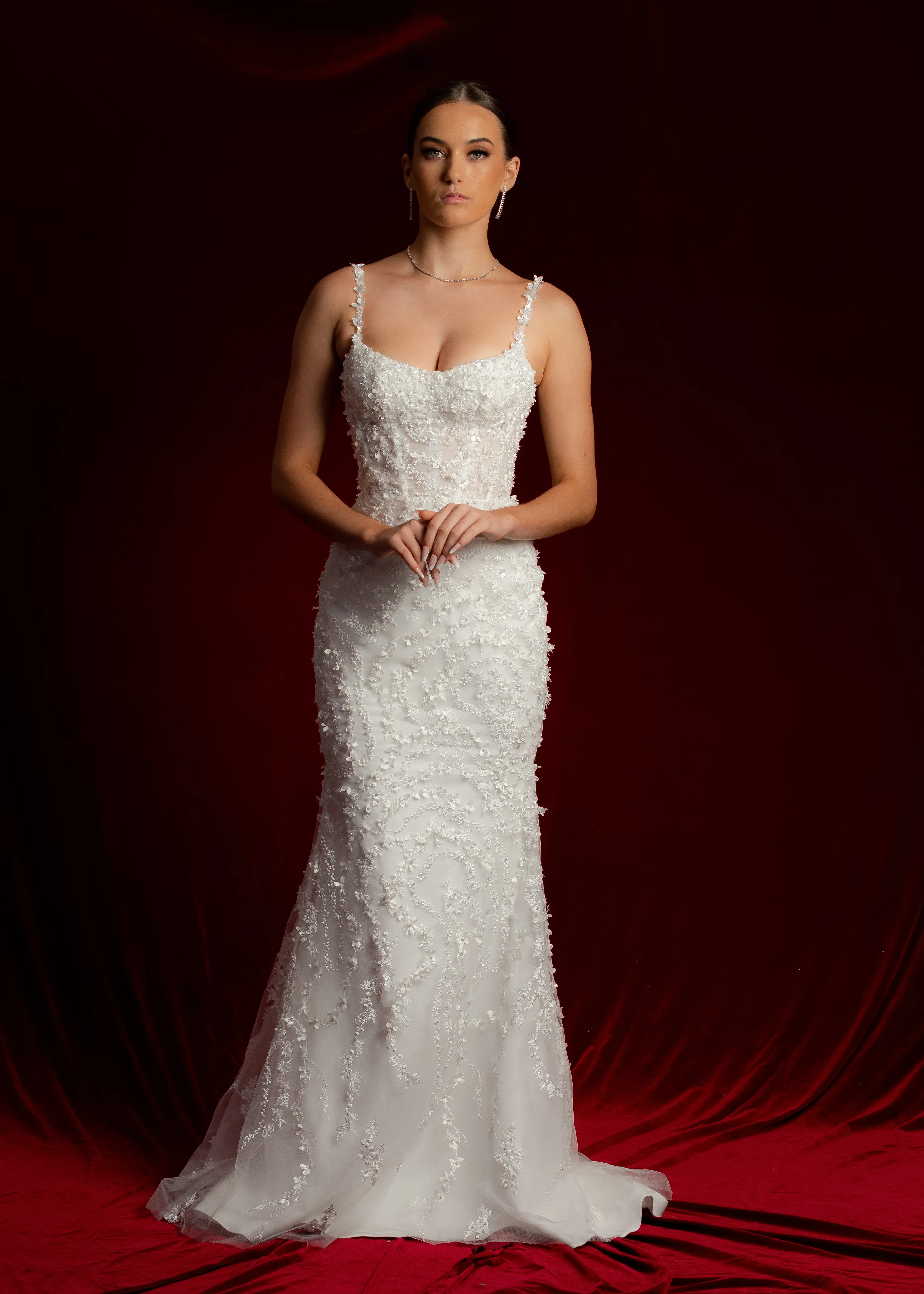 Scoop neck bustier cups sparkling white lace mermaid dress with nude sides