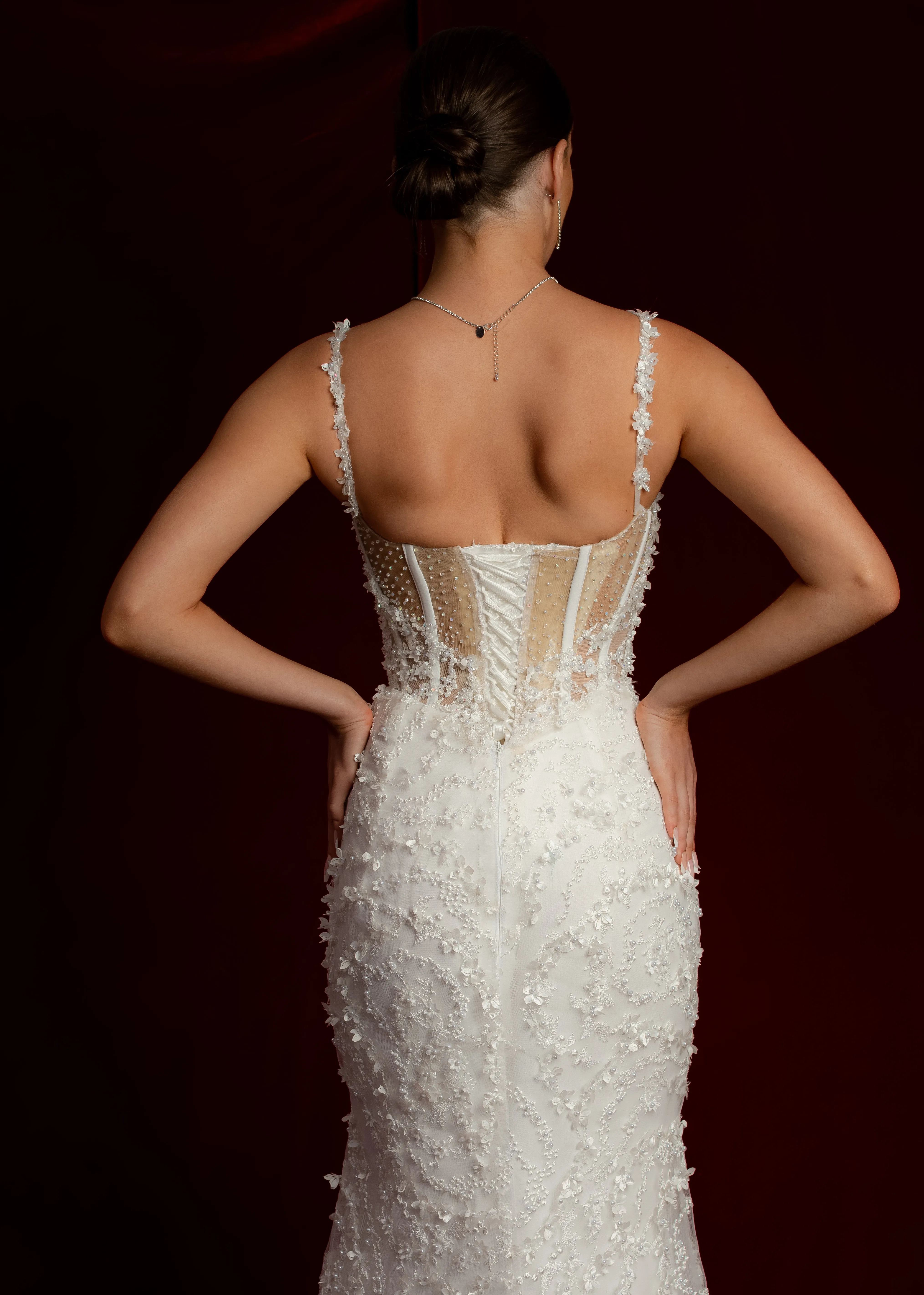 Scoop neck bustier cups sparkling white lace mermaid dress with nude sides