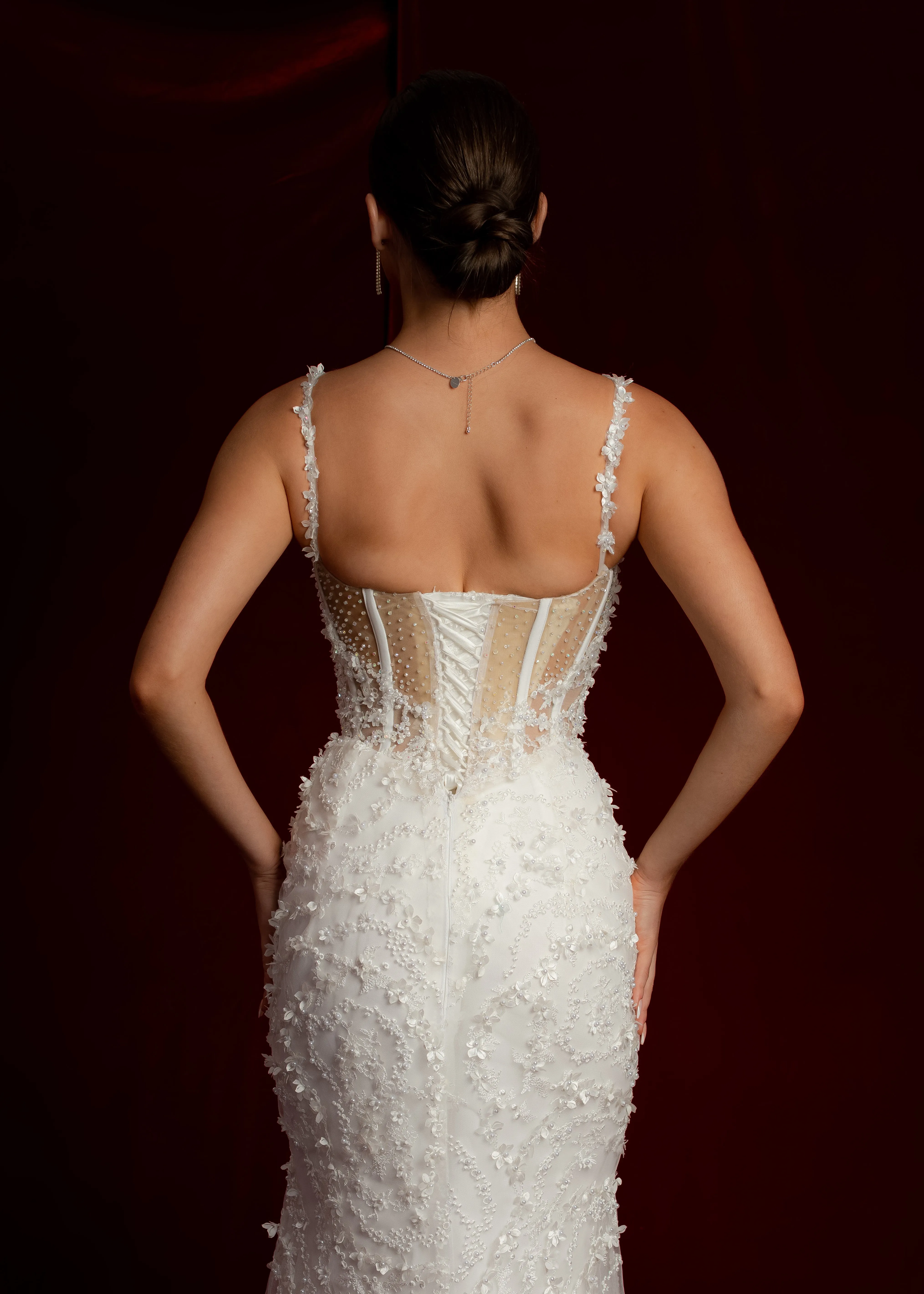 Scoop neck bustier cups sparkling white lace mermaid dress with nude sides