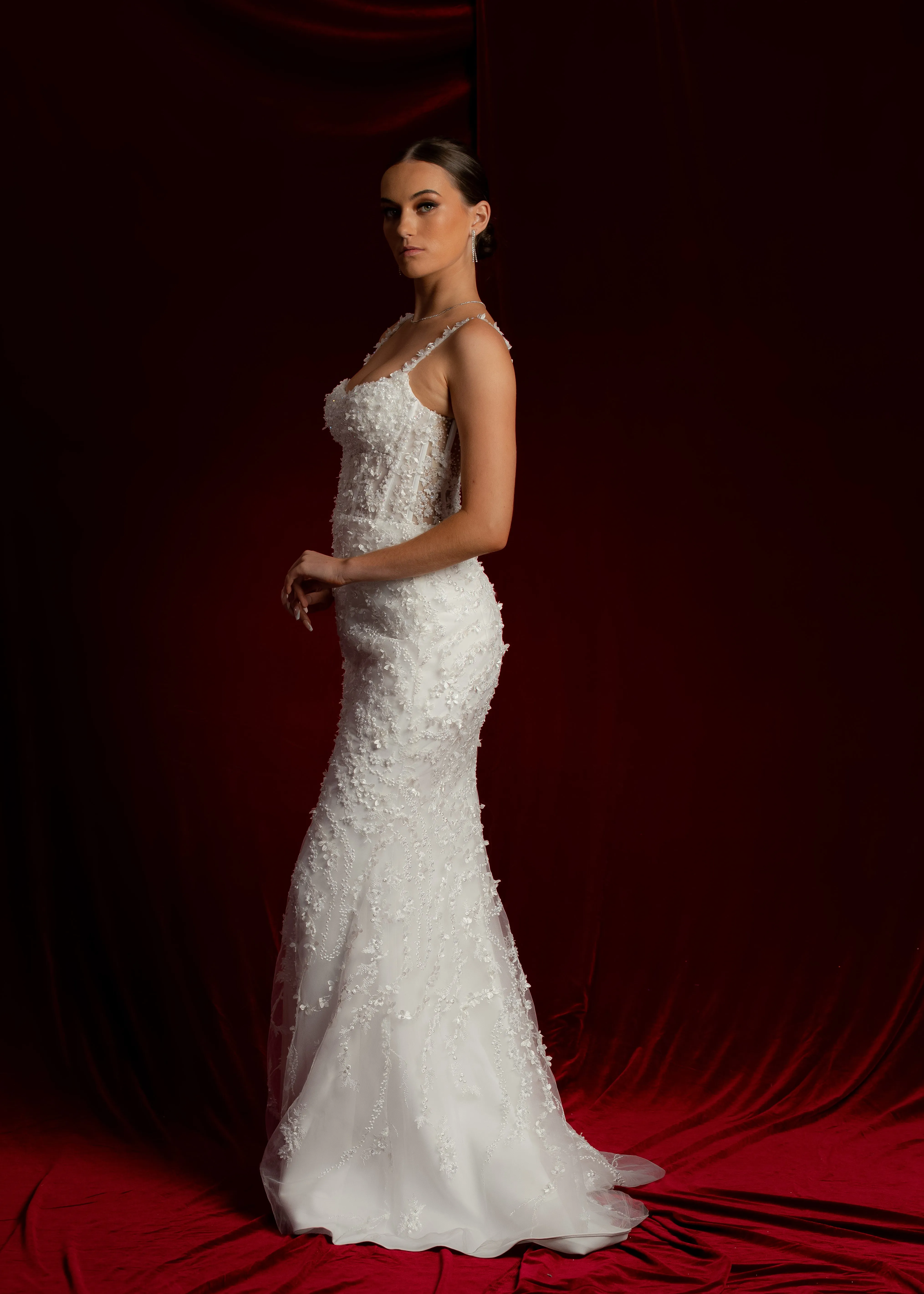 Scoop neck bustier cups sparkling white lace mermaid dress with nude sides