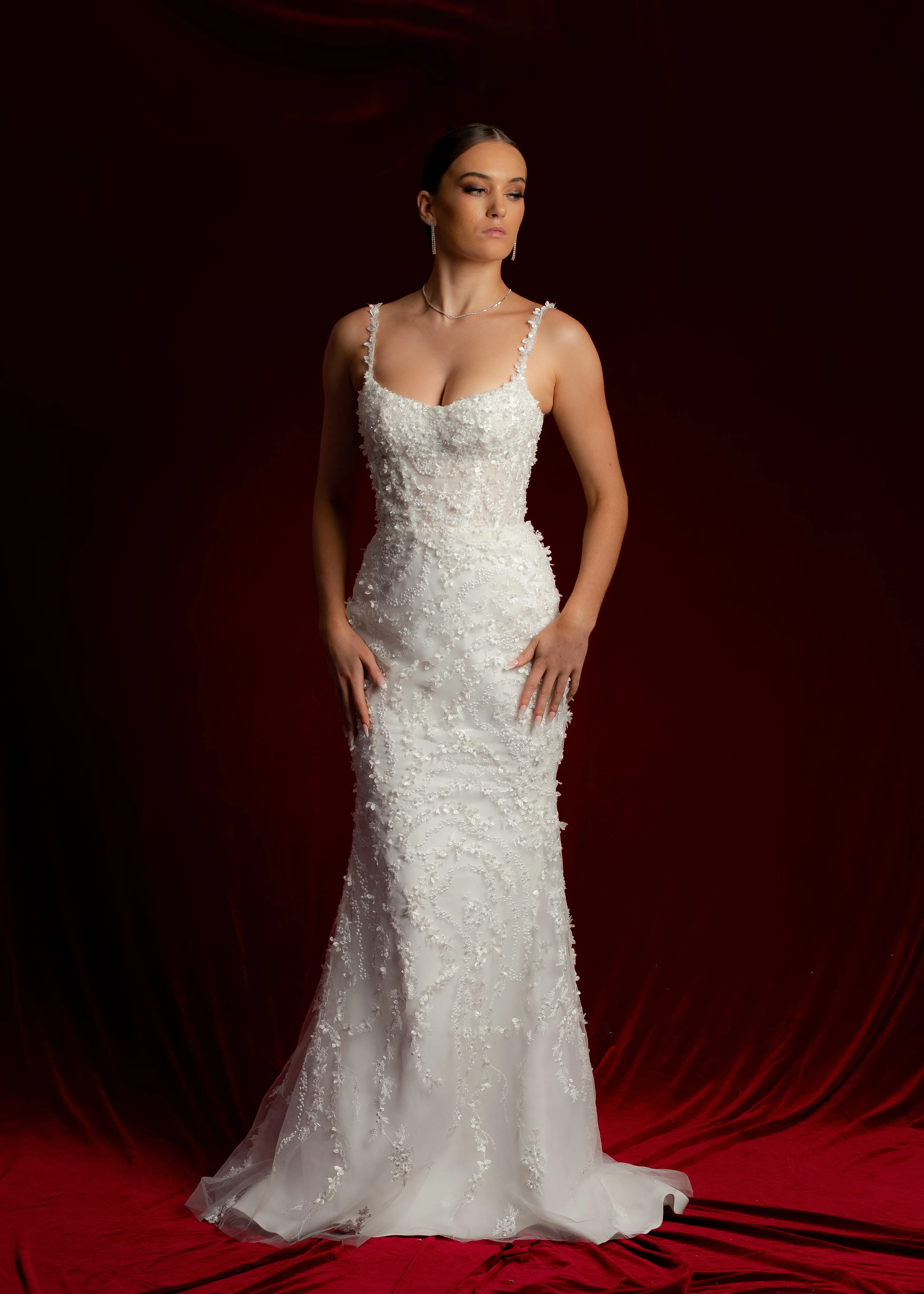 Scoop neck bustier cups sparkling white lace mermaid dress with nude sides