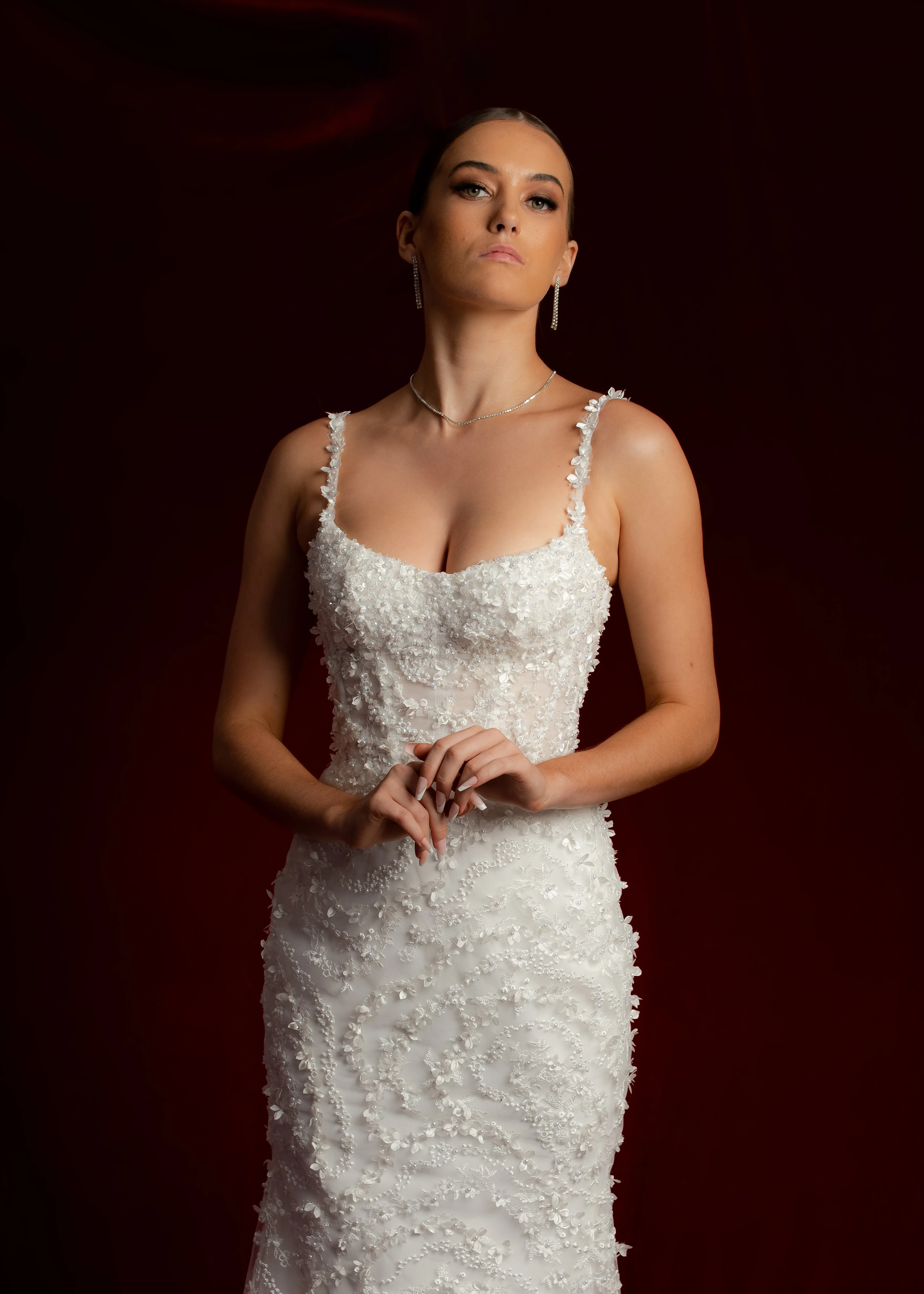 Scoop neck bustier cups sparkling white lace mermaid dress with nude sides