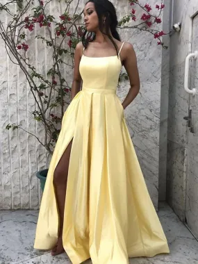 Simple A Line Spaghetti Straps Long Yellow Prom Dresses with Pockets, Yellow Formal Graduation Evening Dresses with