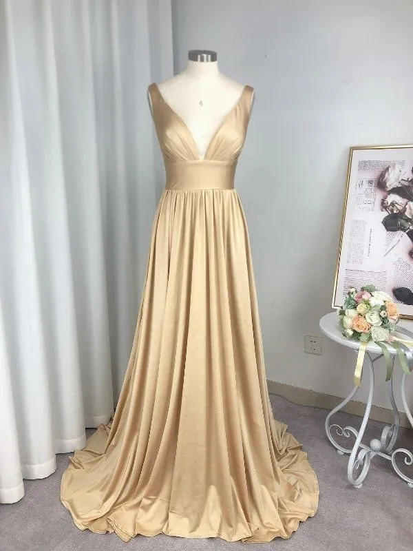 Simple Champagne A-line V-neck Bridesmaid Dresses Split Long Prom Dresses