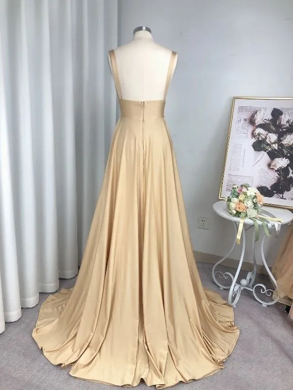 Simple Champagne A-line V-neck Bridesmaid Dresses Split Long Prom Dresses
