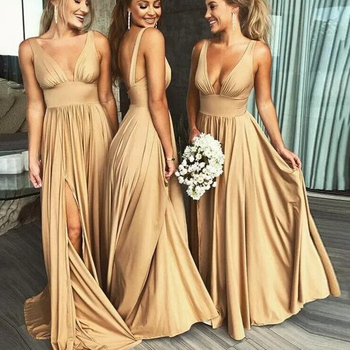 Simple Champagne A-line V-neck Bridesmaid Dresses Split Long Prom Dresses