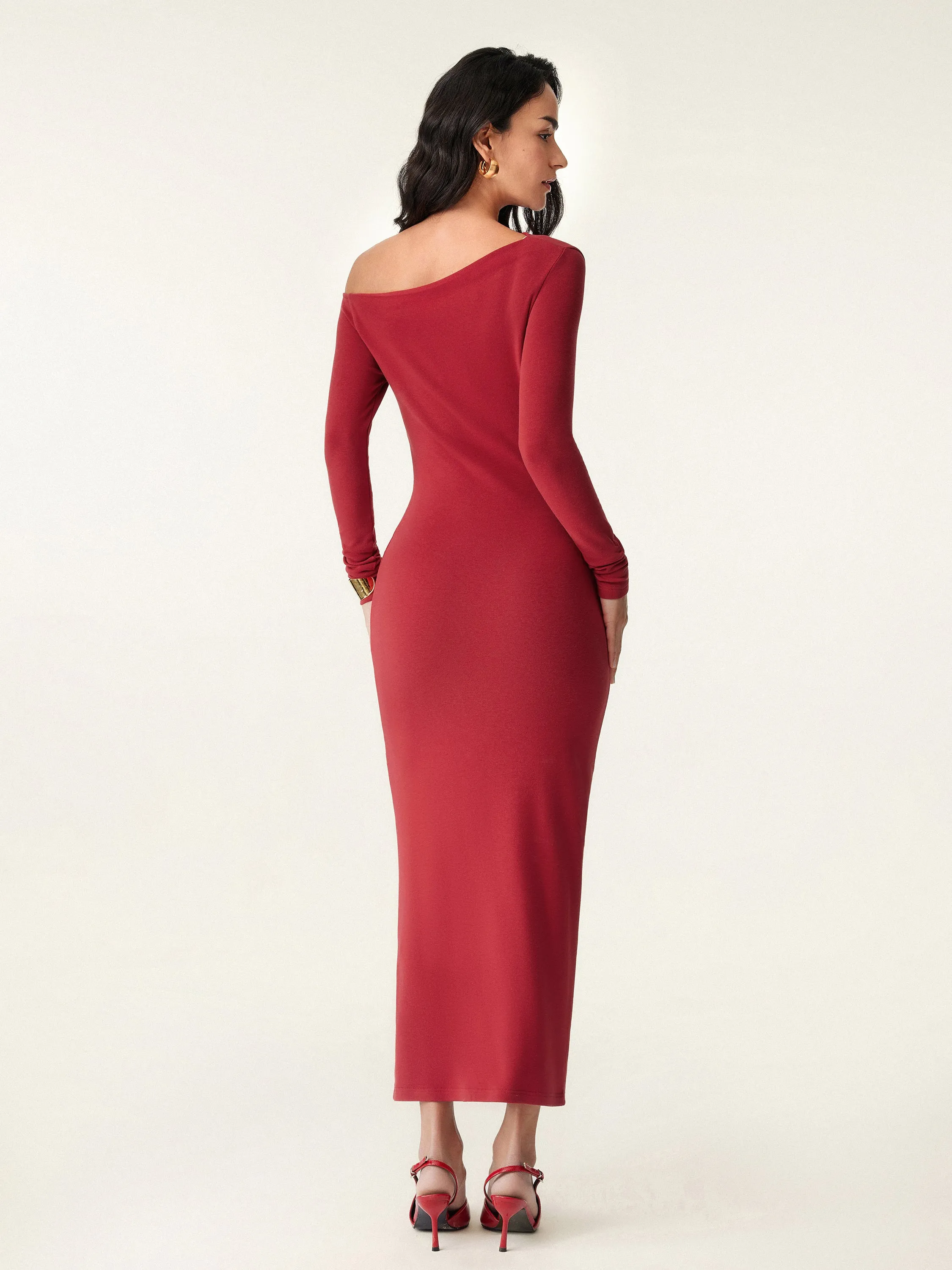 Slanted Shoulder Long Sleeve Dress