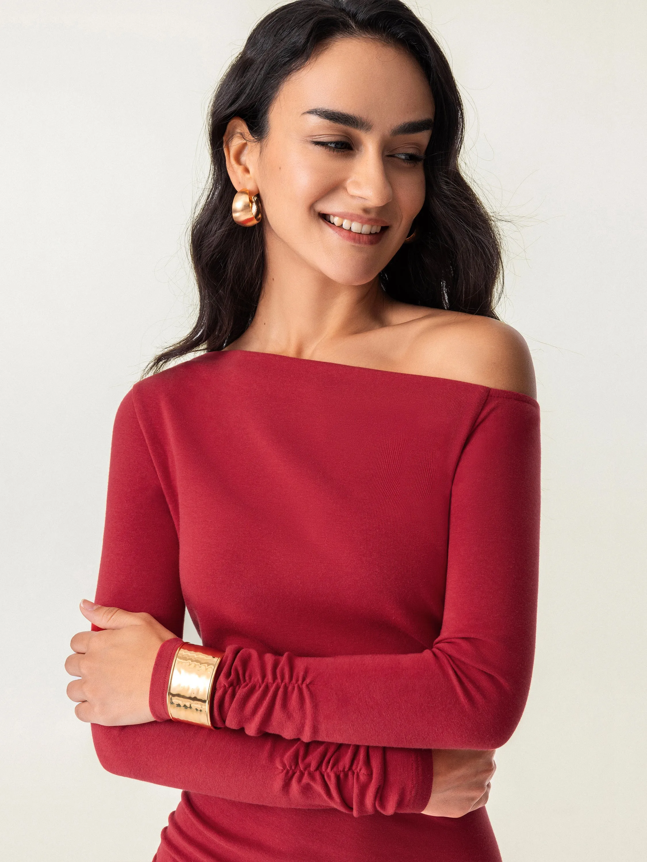 Slanted Shoulder Long Sleeve Dress