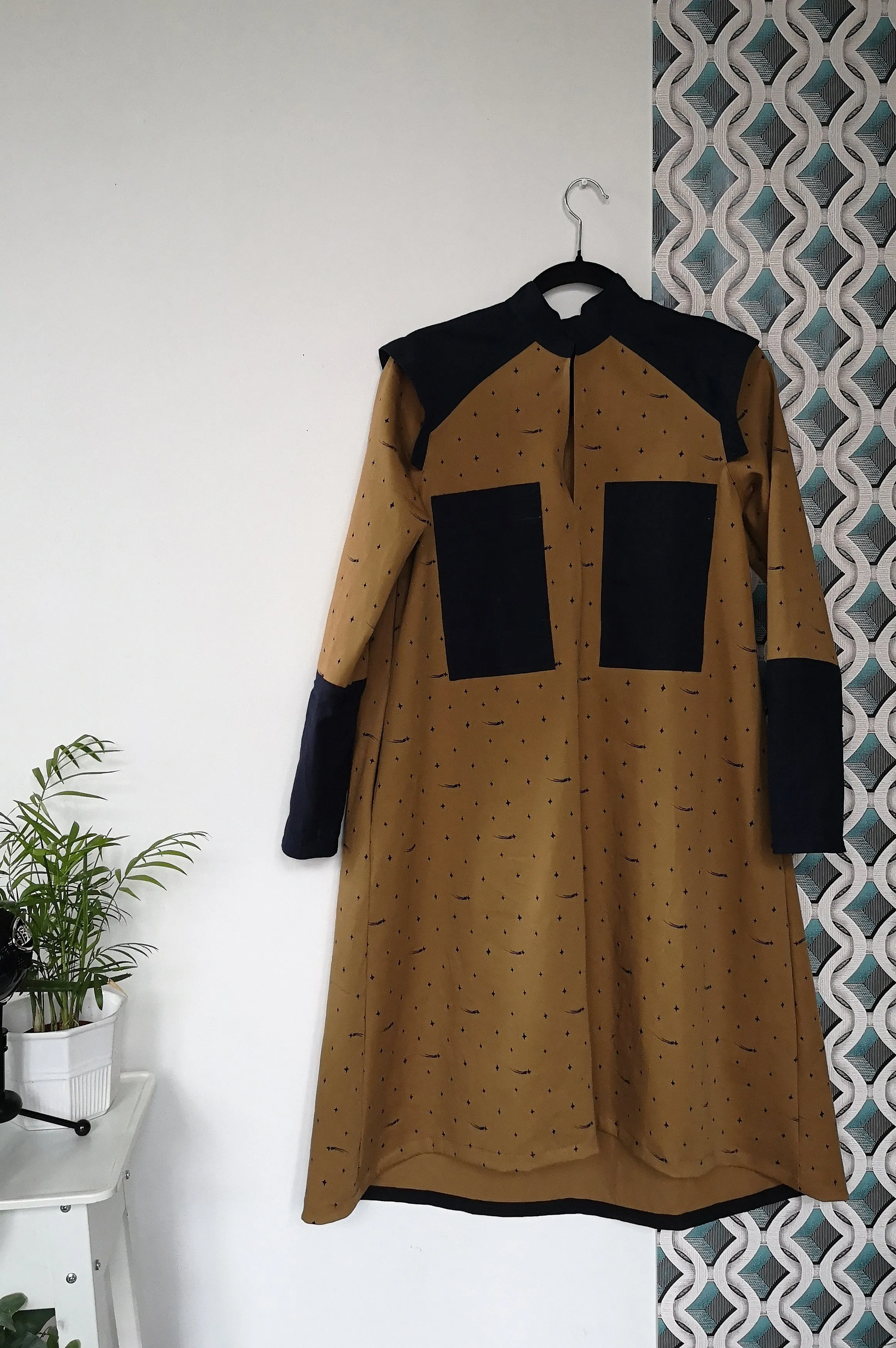 Space warrior Princess Mustard Yellow Heavy Cotton Shirt Dress with Navy Blue Linen details