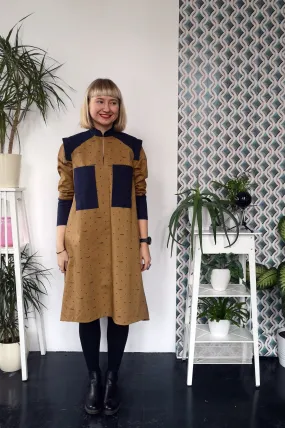 Space warrior Princess Mustard Yellow Heavy Cotton Shirt Dress with Navy Blue Linen details