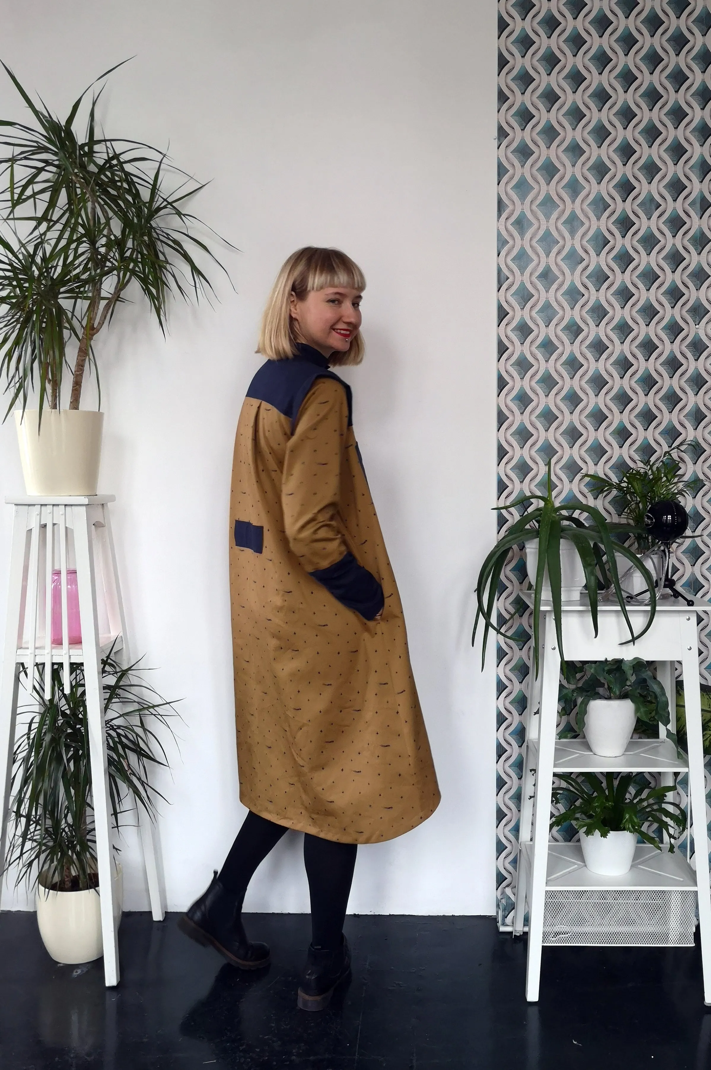 Space warrior Princess Mustard Yellow Heavy Cotton Shirt Dress with Navy Blue Linen details