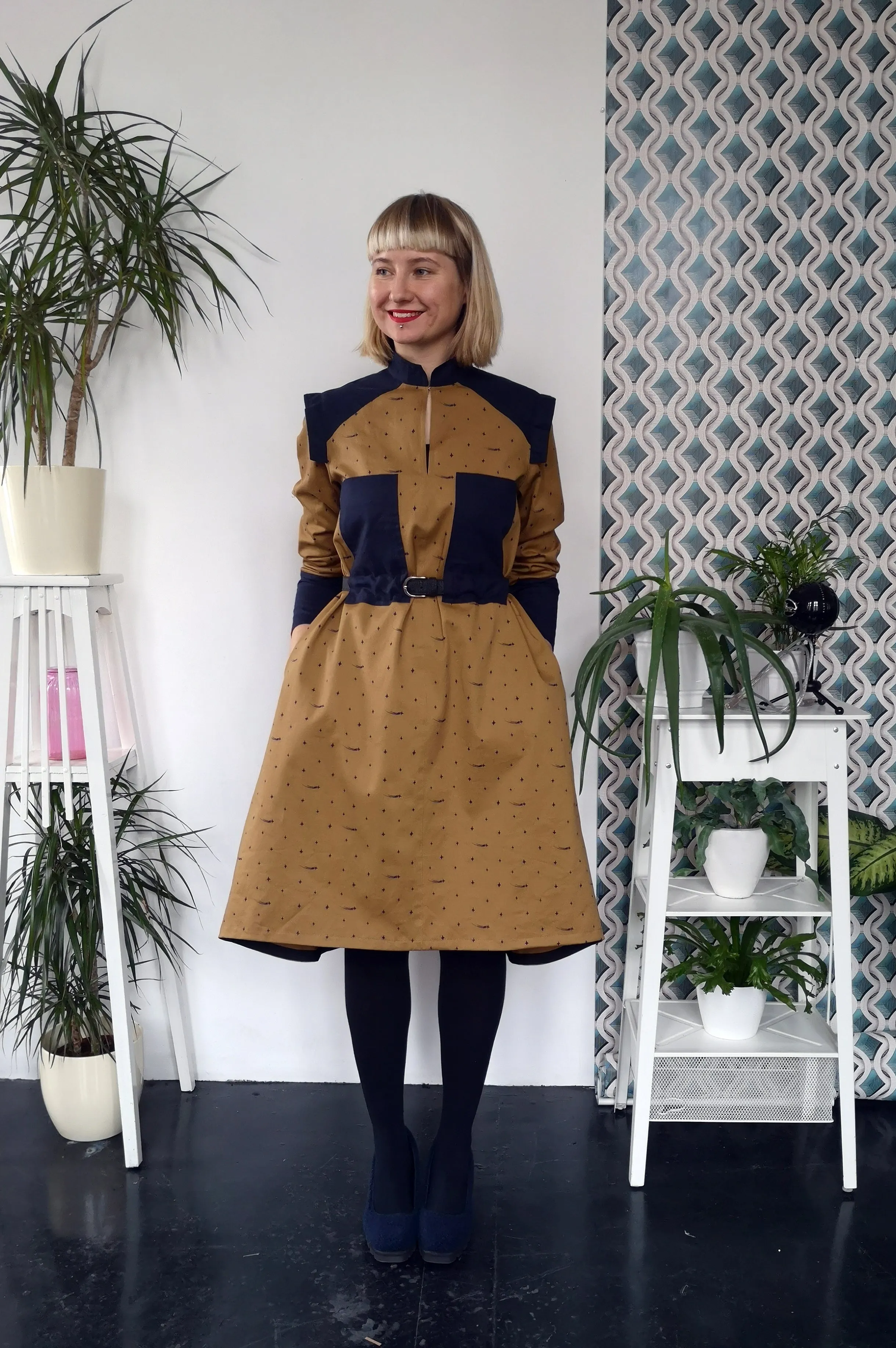 Space warrior Princess Mustard Yellow Heavy Cotton Shirt Dress with Navy Blue Linen details