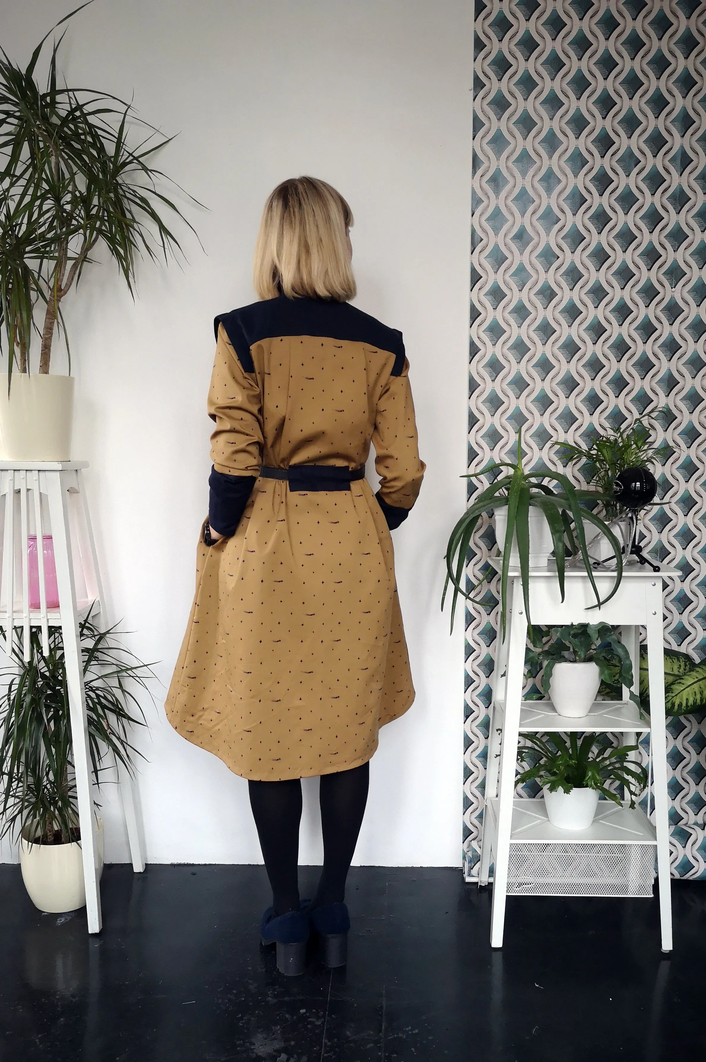 Space warrior Princess Mustard Yellow Heavy Cotton Shirt Dress with Navy Blue Linen details