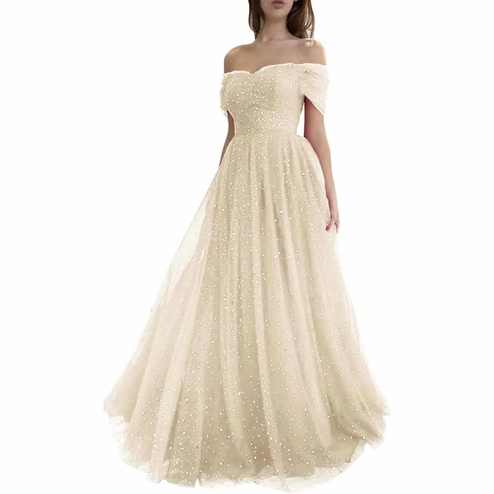 Sparkly Tulle Prom Dresses Off Shoulder Pleated Formal Evening Party Gowns