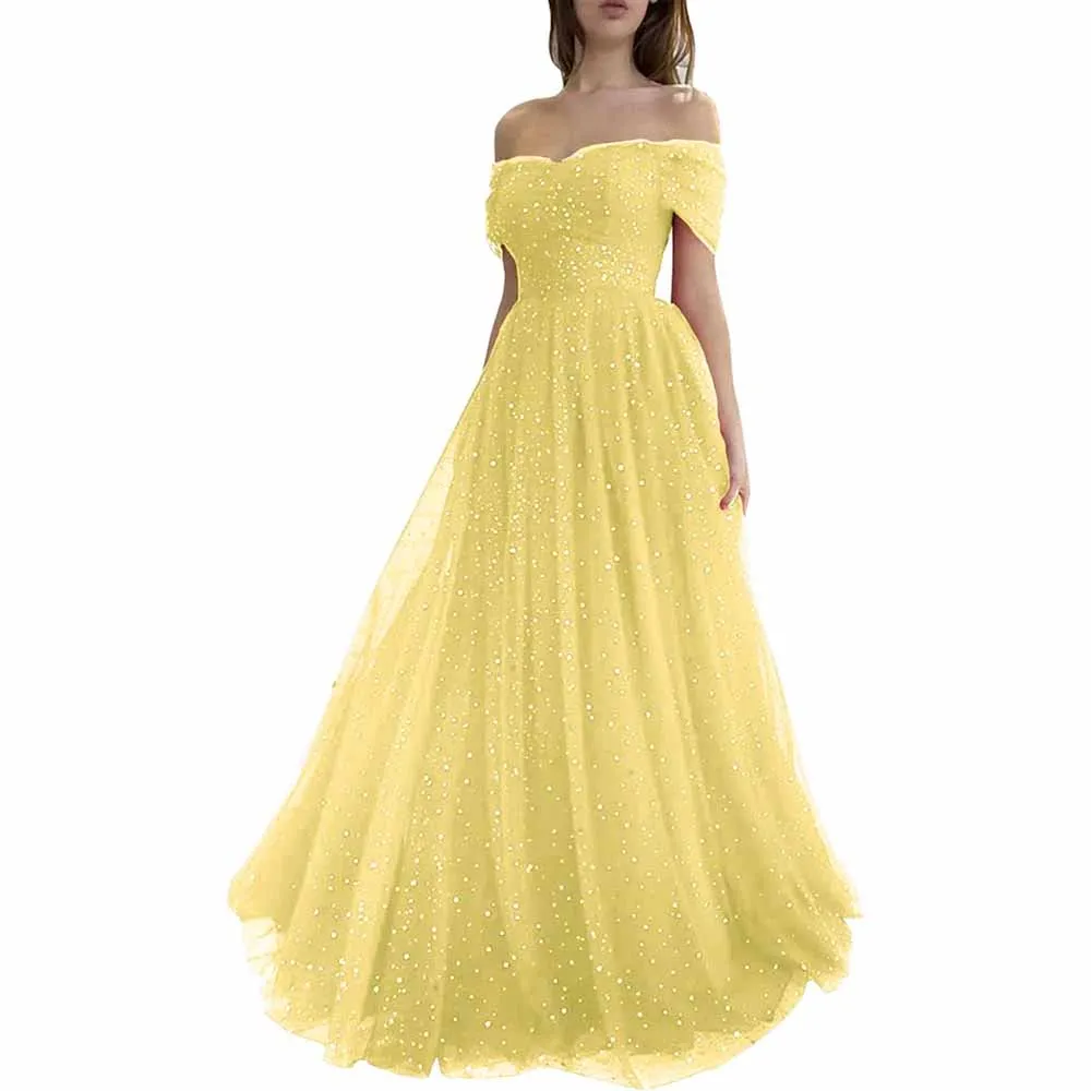 Sparkly Tulle Prom Dresses Off Shoulder Pleated Formal Evening Party Gowns