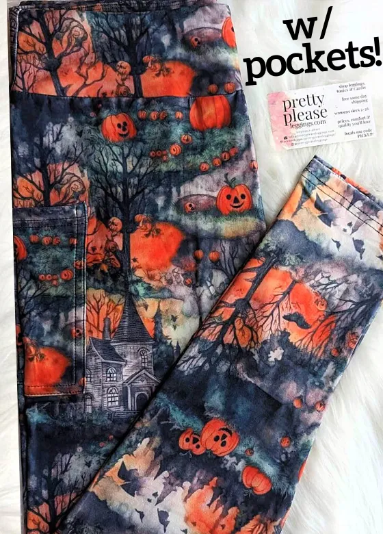 Spooky Haunted Houses Super SOFT Leggings OS TC Plus Fall Autumn Pumpkin Halloween Holiday rts
