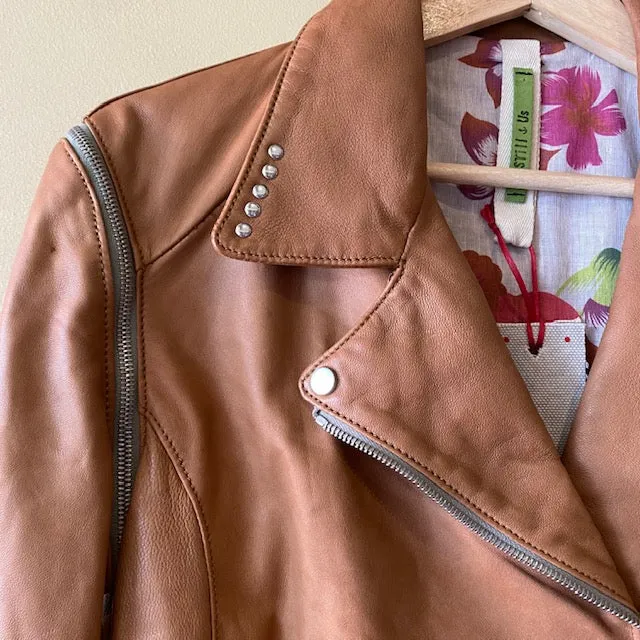 STILL US- Biker NATURAL LEATHER Jacket with detachable sleeves - HONEY 46