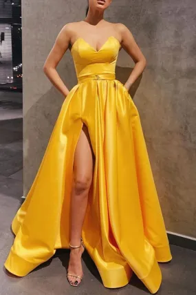 Strapless Sweetheart Neck Yellow Satin Long Prom Dress, Long Yellow Formal Graduation Evening Dress with Slit