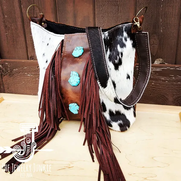 Tejas Leather Bucket Handbag w/ Turquoise