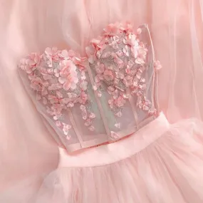 two piece prom dresses, hand made flowers prom dresses, long evening dresses, a line prom dresses, pink prom dresses      fg520