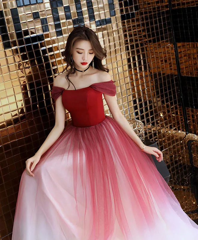 Unique Burgundy Off Shoulder Tulle Long Prom Dress, Burgundy Evening Dress