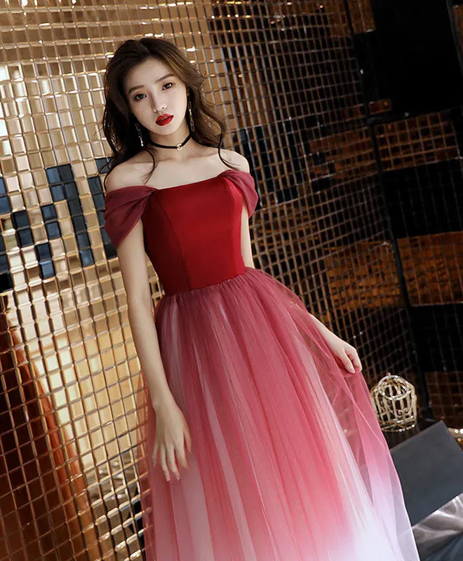 Unique Burgundy Off Shoulder Tulle Long Prom Dress, Burgundy Evening Dress