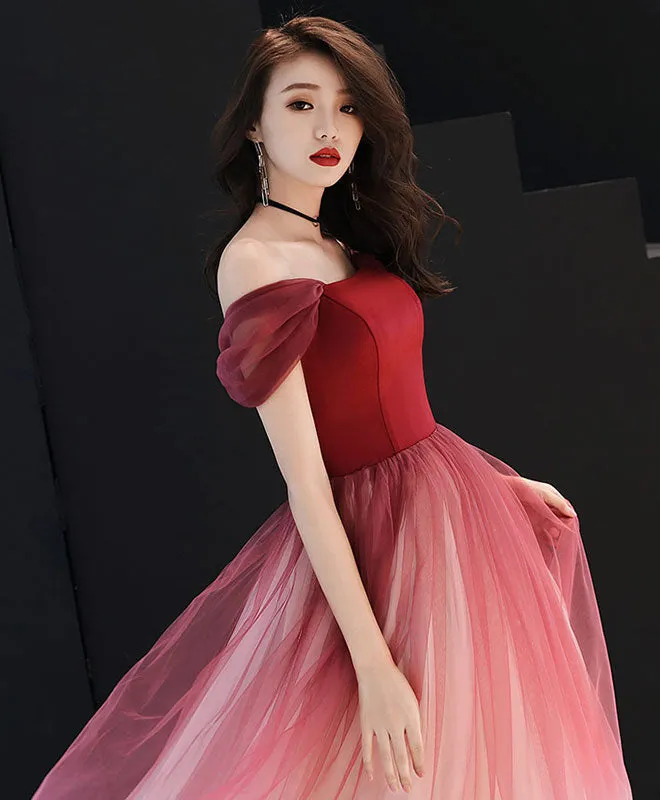 Unique Burgundy Off Shoulder Tulle Long Prom Dress, Burgundy Evening Dress