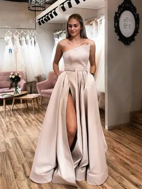 Unique Champagne Satin Long Prom with High Slit, Champagne Formal Graduation Evening