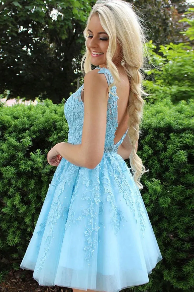 V Neck and V Back Light Blue Lace Short Prom Dress with Belt, Light Blue Lace Formal Graduation Homecoming Dress