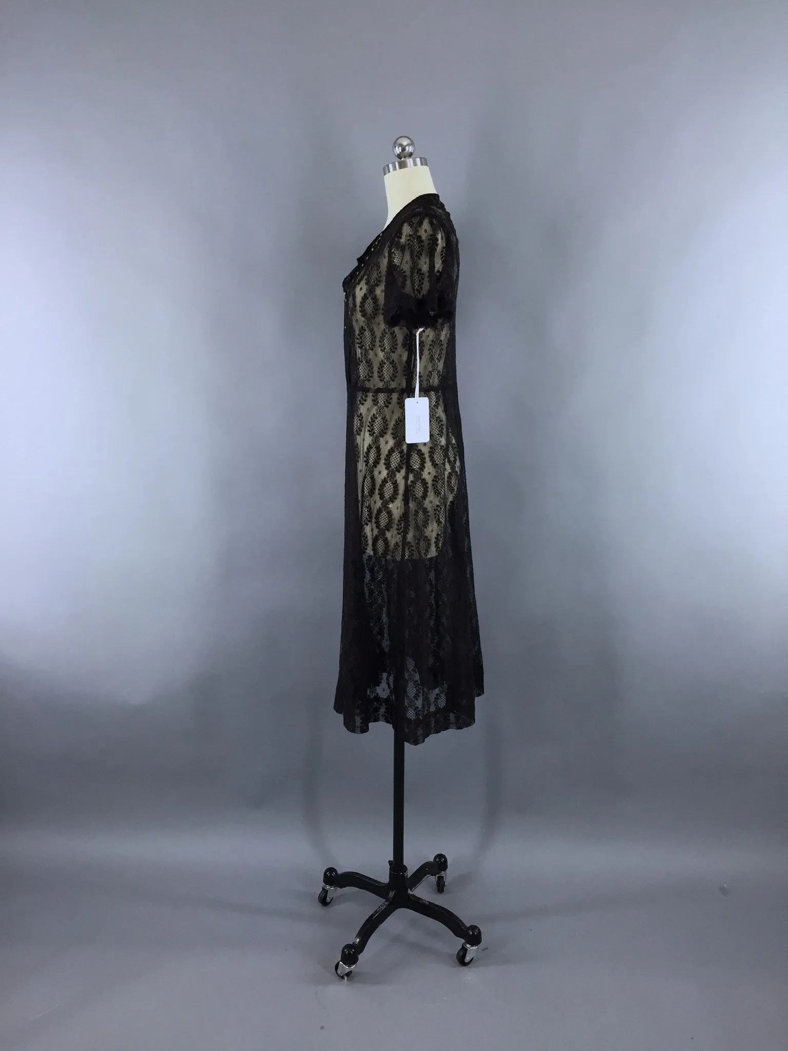 Vintage 1930s Bias Cut Black Lace Day Dress
