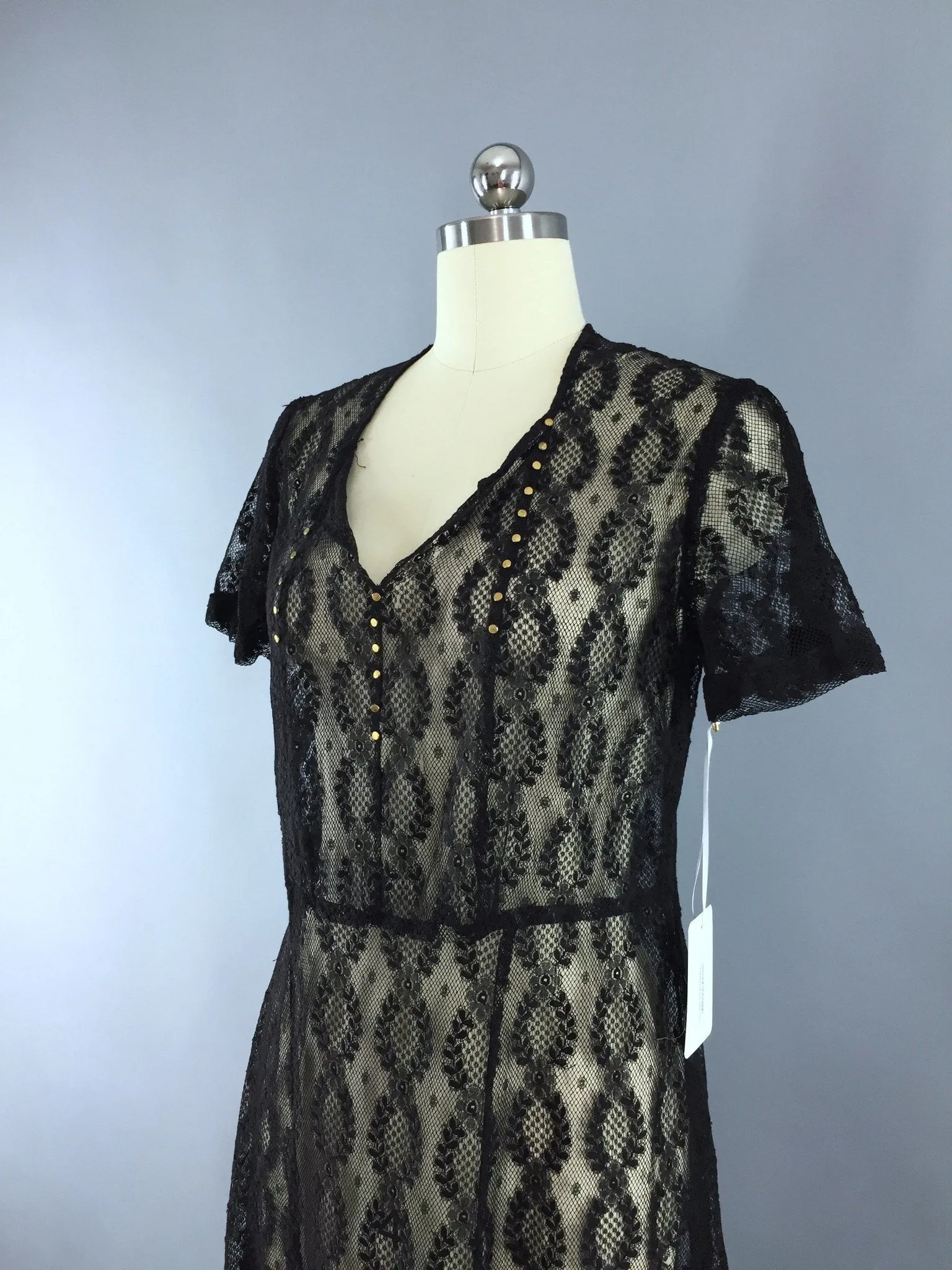 Vintage 1930s Bias Cut Black Lace Day Dress