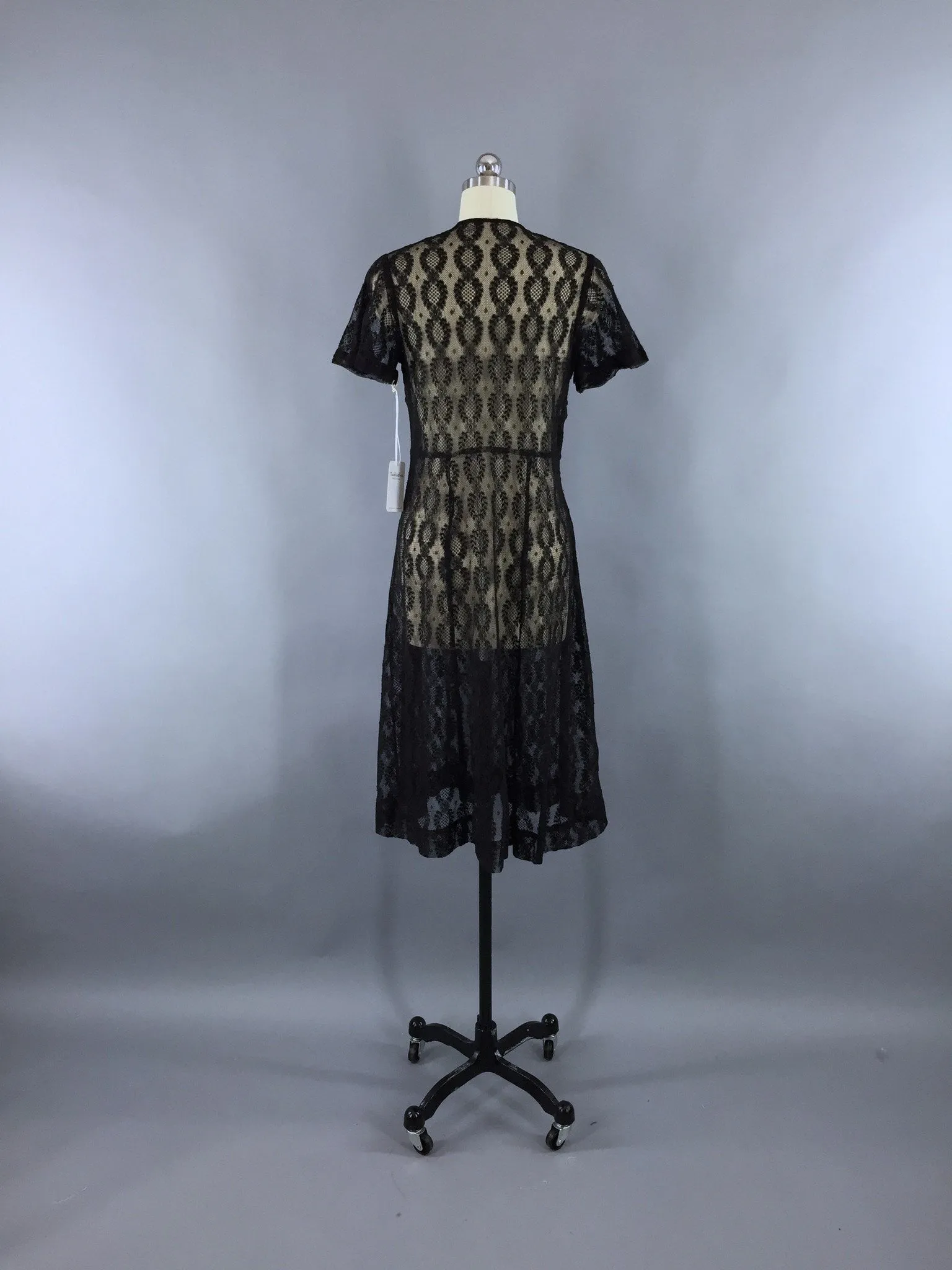 Vintage 1930s Bias Cut Black Lace Day Dress