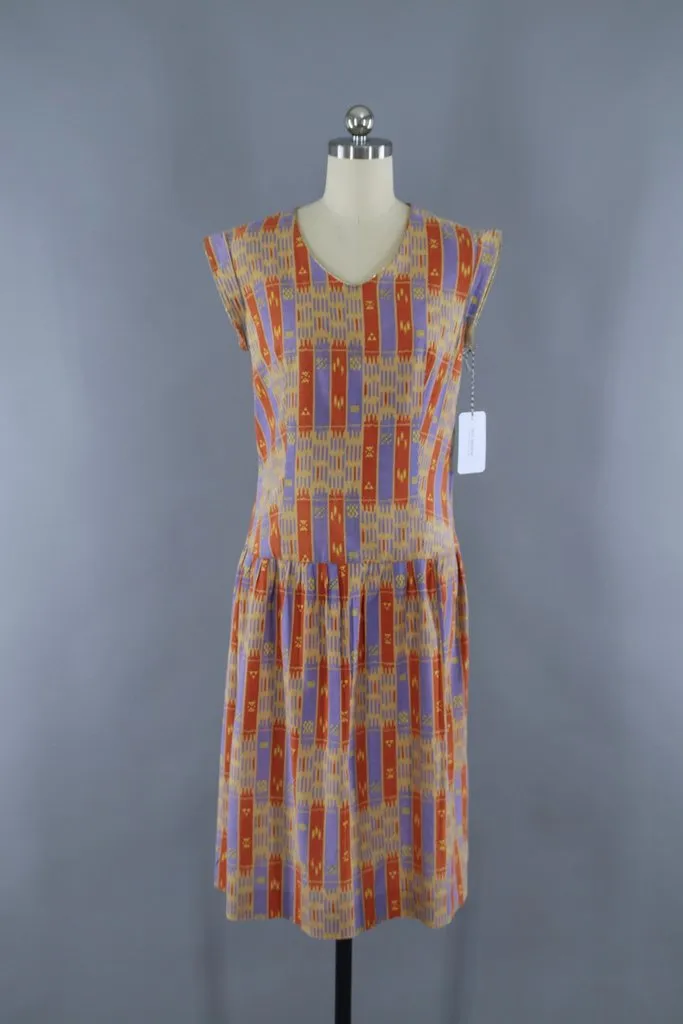Vintage 1980s Day Dress / Orange & Purple Ikat Cotton