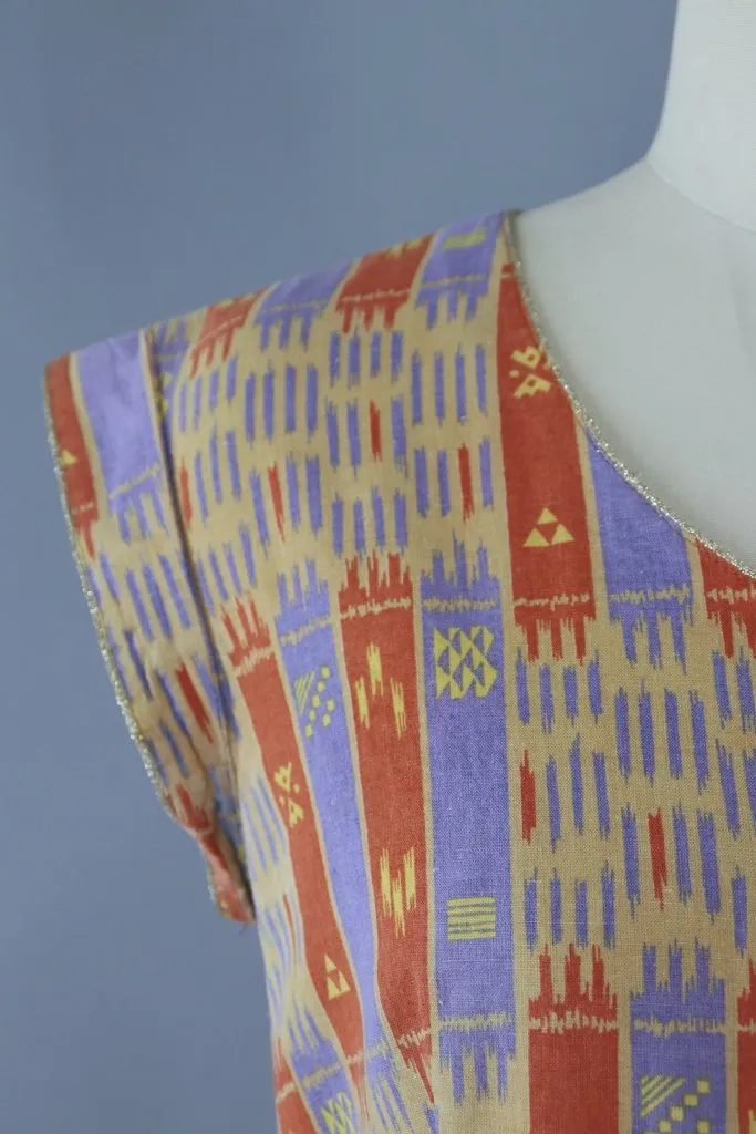 Vintage 1980s Day Dress / Orange & Purple Ikat Cotton