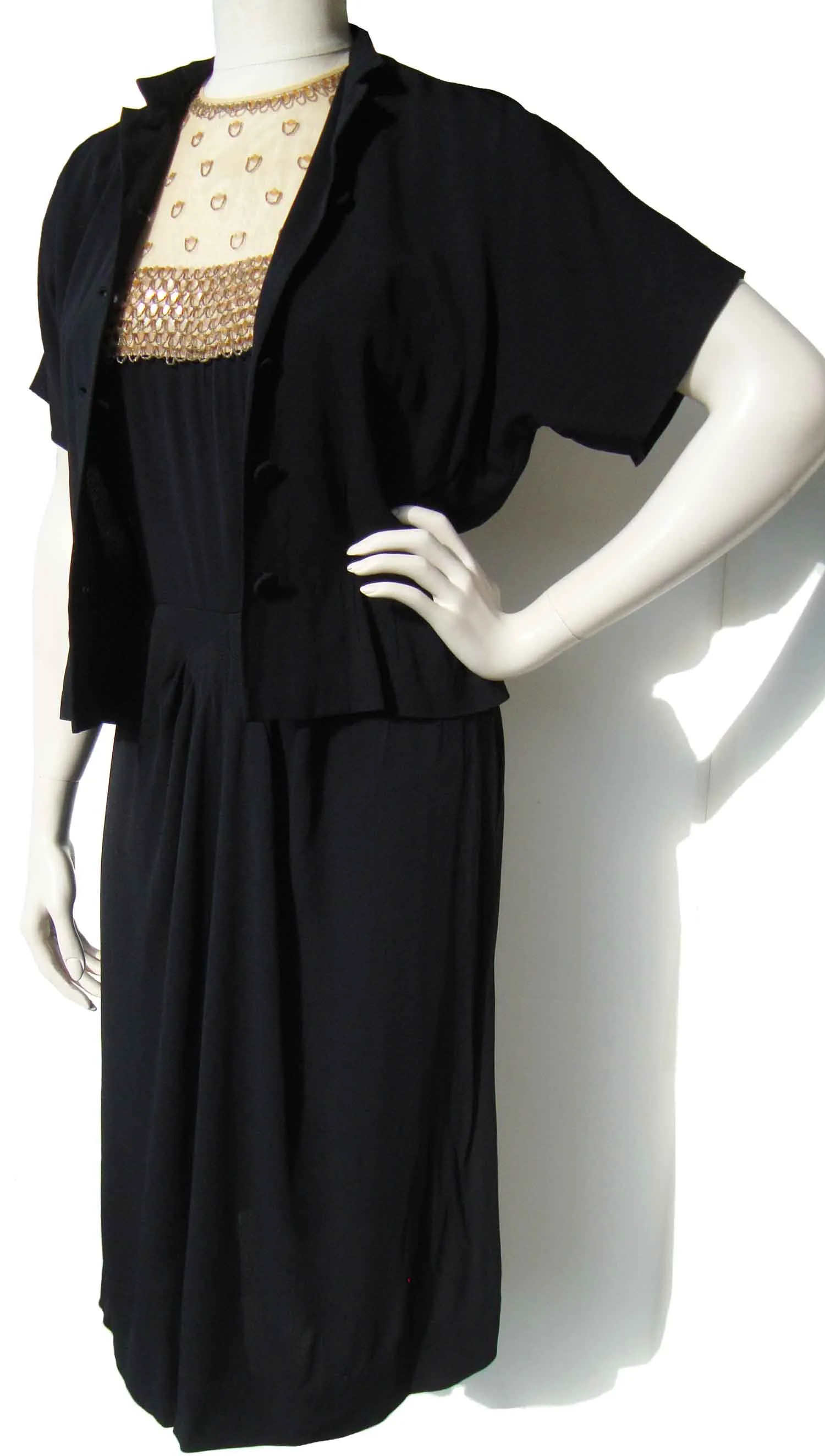 Vintage 40s Black Rayon Beaded Dress & Bolero Jacket Set S