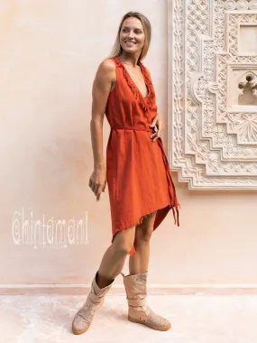 Vneck Raw Cotton Mini Tunic Dress with Belt and Fringes / Red Ochre