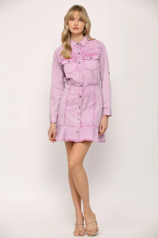 Washed Ruffle Hem Shirt Dress