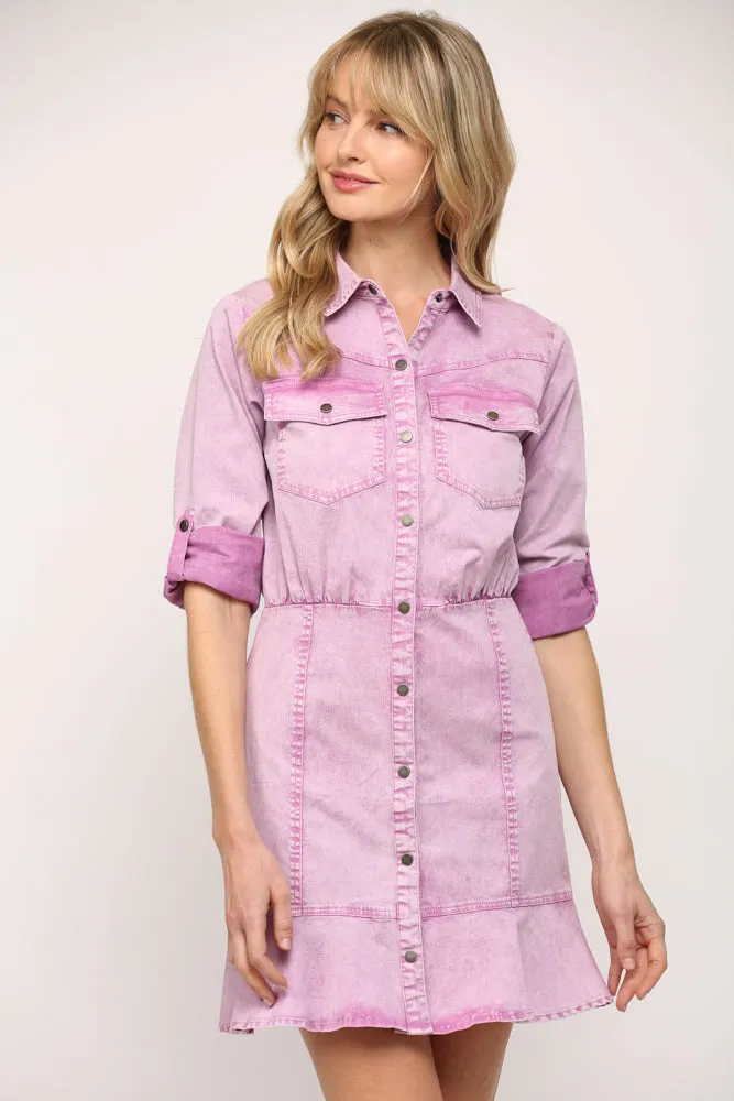 Washed Ruffle Hem Shirt Dress