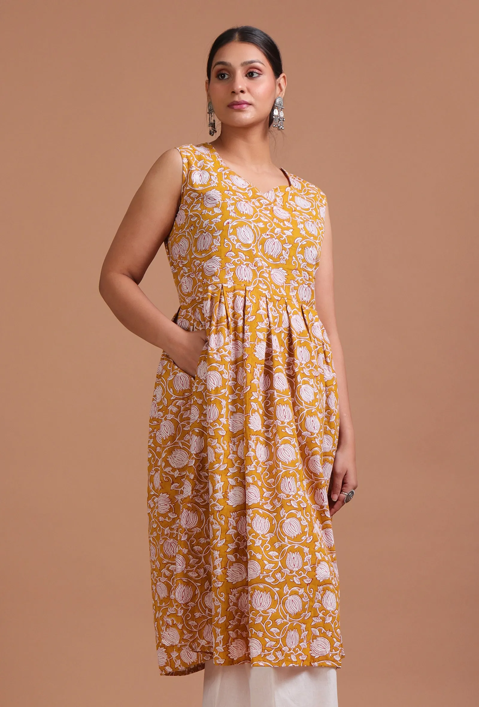 White & Yellow Cotton Printed Dress