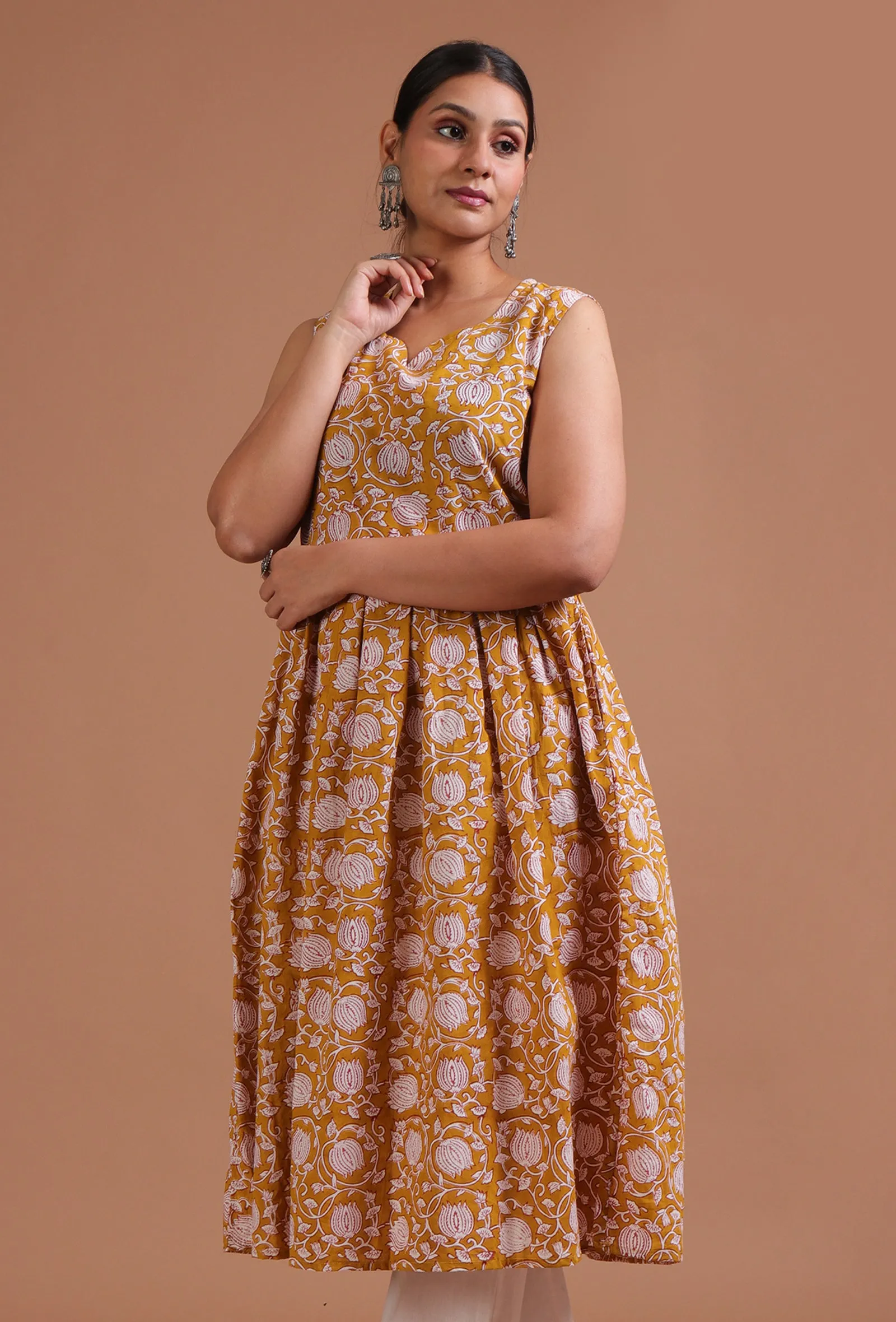 White & Yellow Cotton Printed Dress