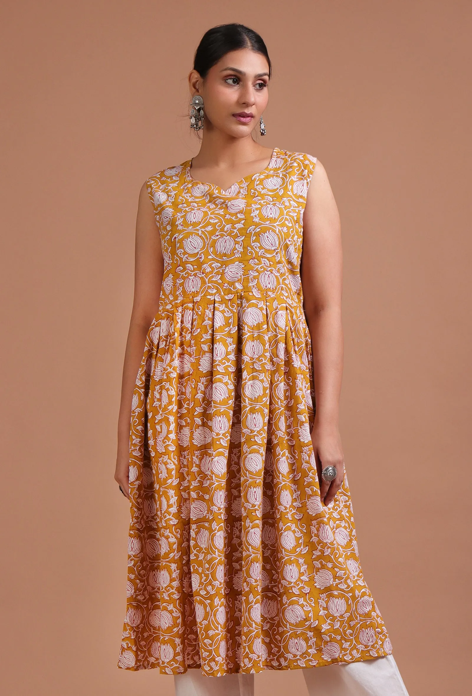 White & Yellow Cotton Printed Dress