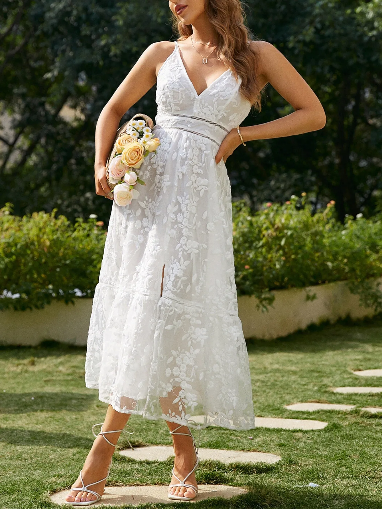 White Embroidery Mesh Overlay Slip Sleeveless High Waist Dress