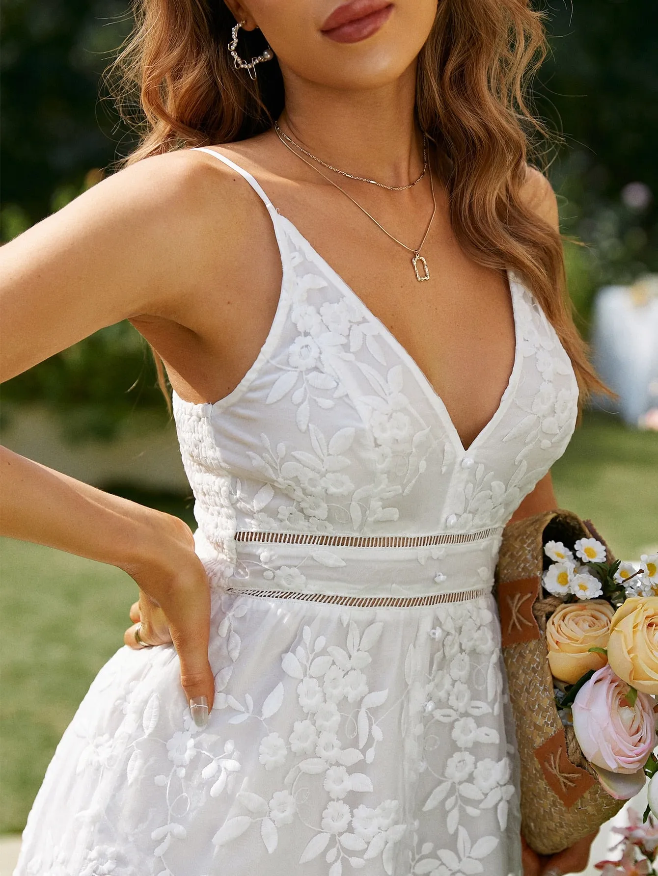 White Embroidery Mesh Overlay Slip Sleeveless High Waist Dress