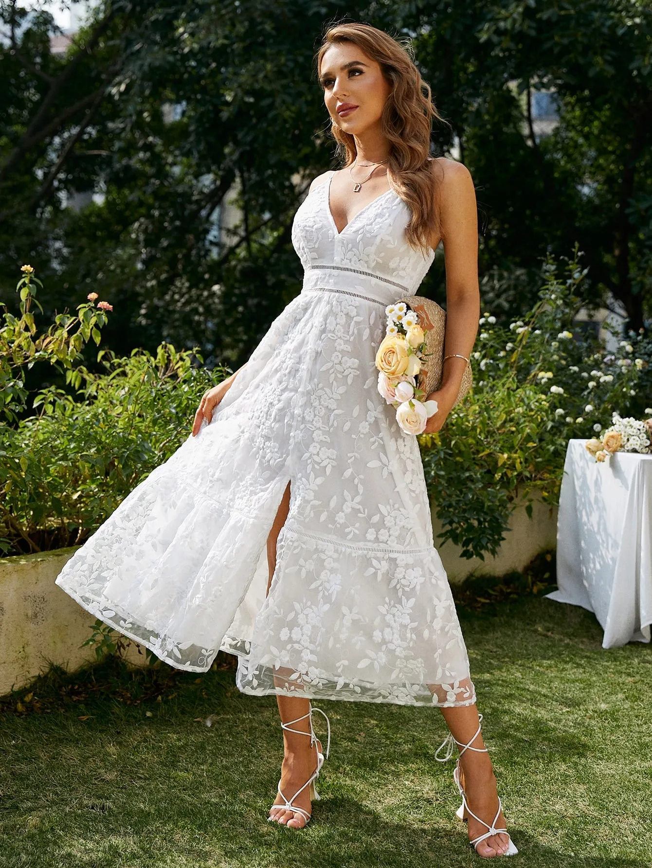 White Embroidery Mesh Overlay Slip Sleeveless High Waist Dress