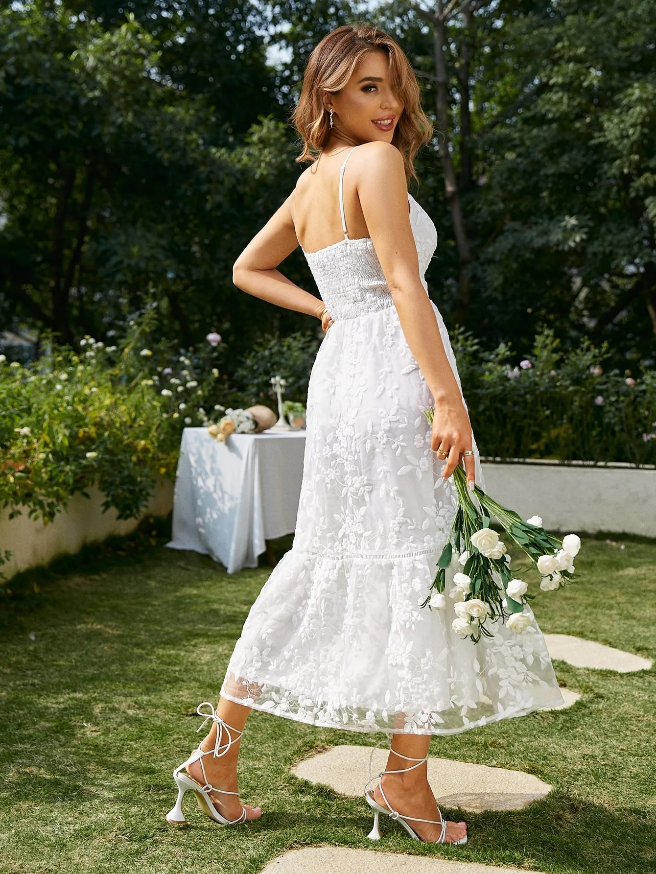 White Embroidery Mesh Overlay Slip Sleeveless High Waist Dress
