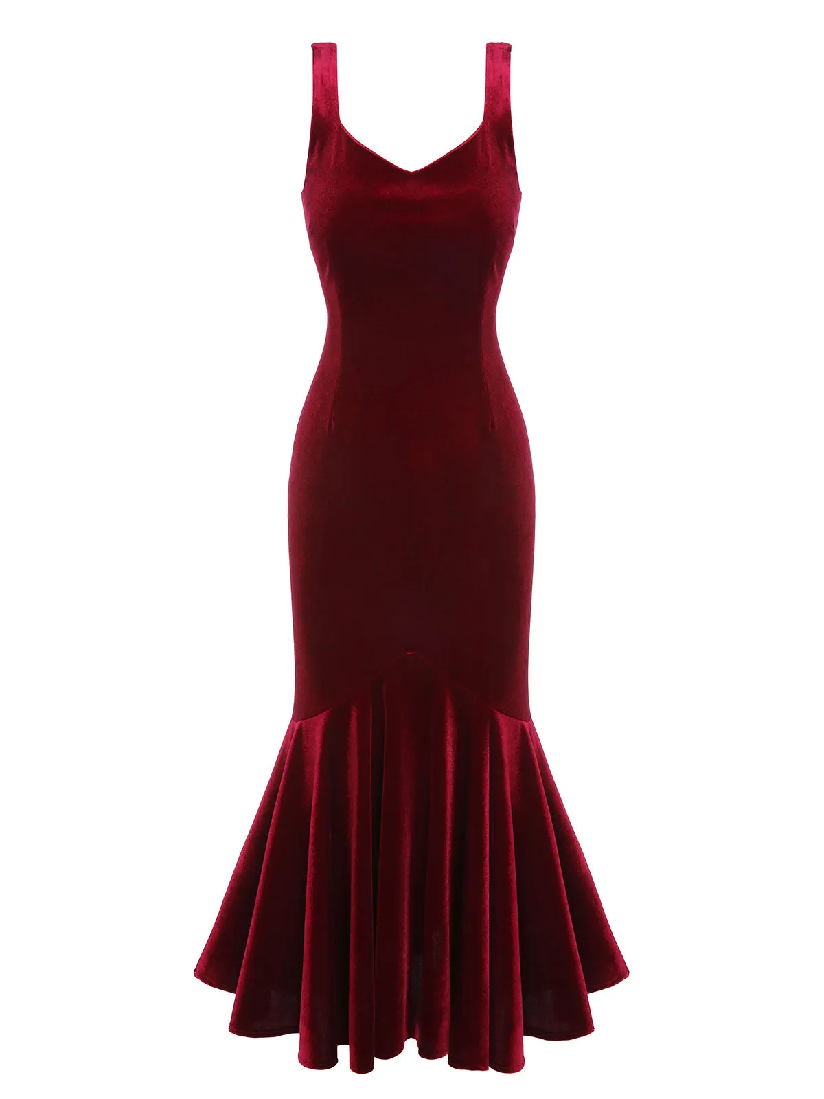 Wine Red 1930s Strap Velvet Mermaid Dress
