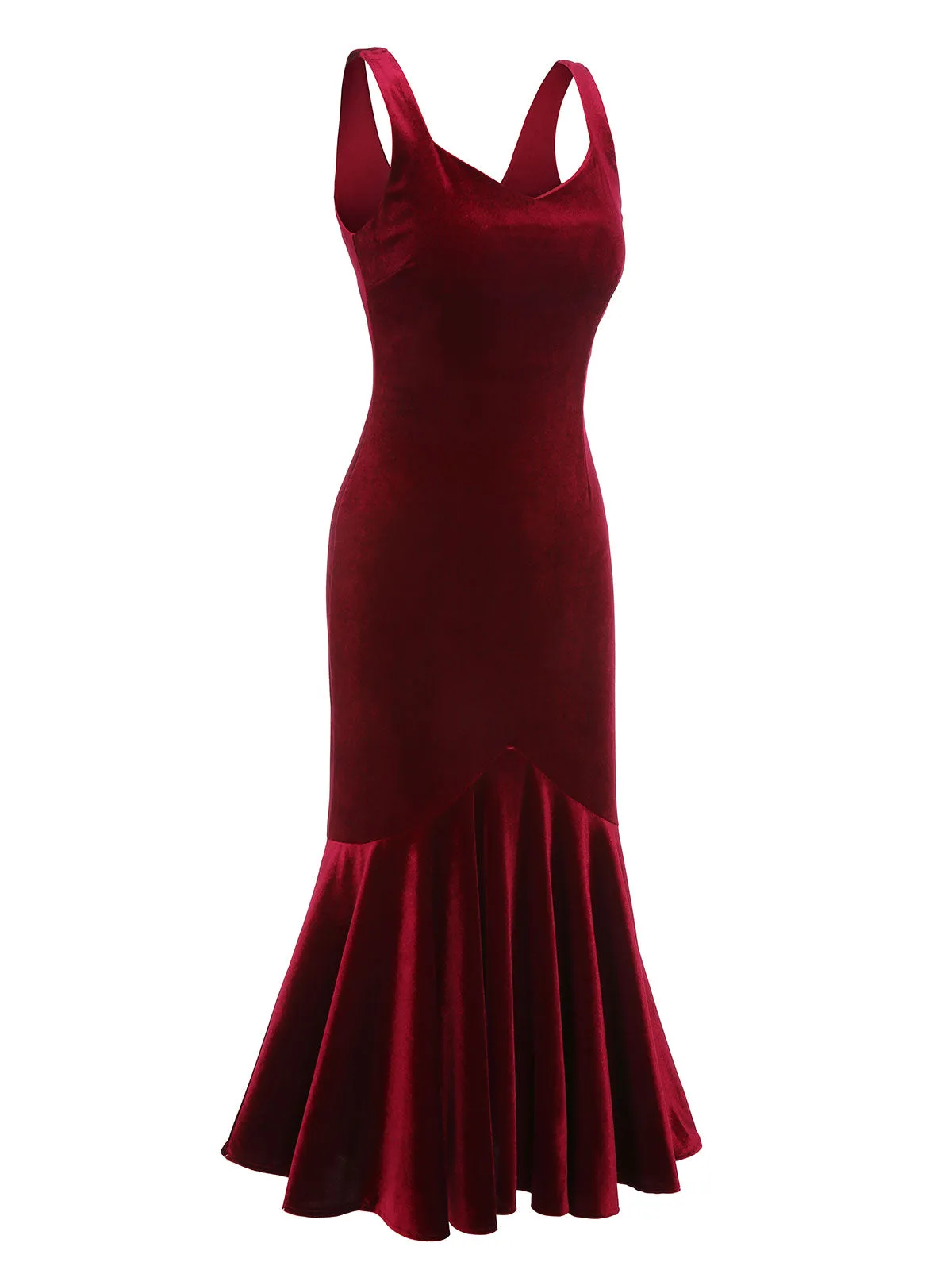 Wine Red 1930s Strap Velvet Mermaid Dress