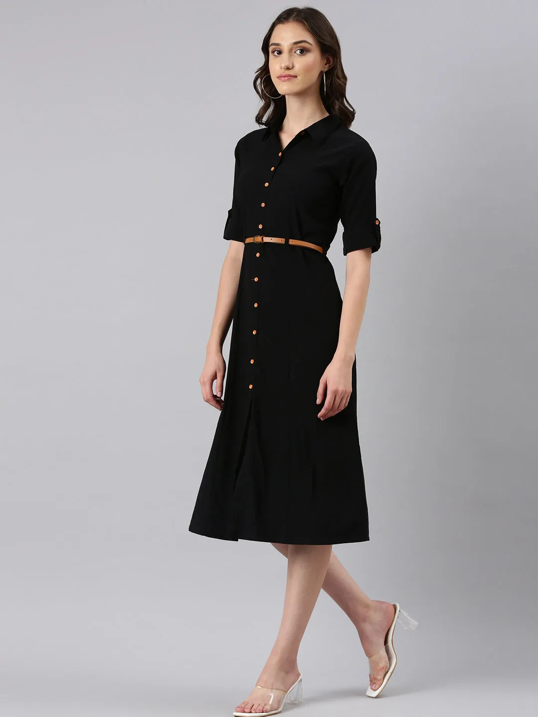 Women Black Solid Shirt Dress