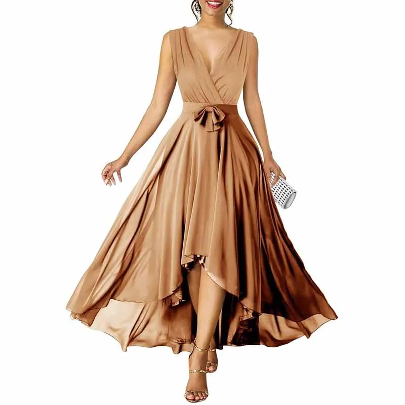 Women Chiffon Bridesmaid Dresses V Neck High Low Prom Evening Gown